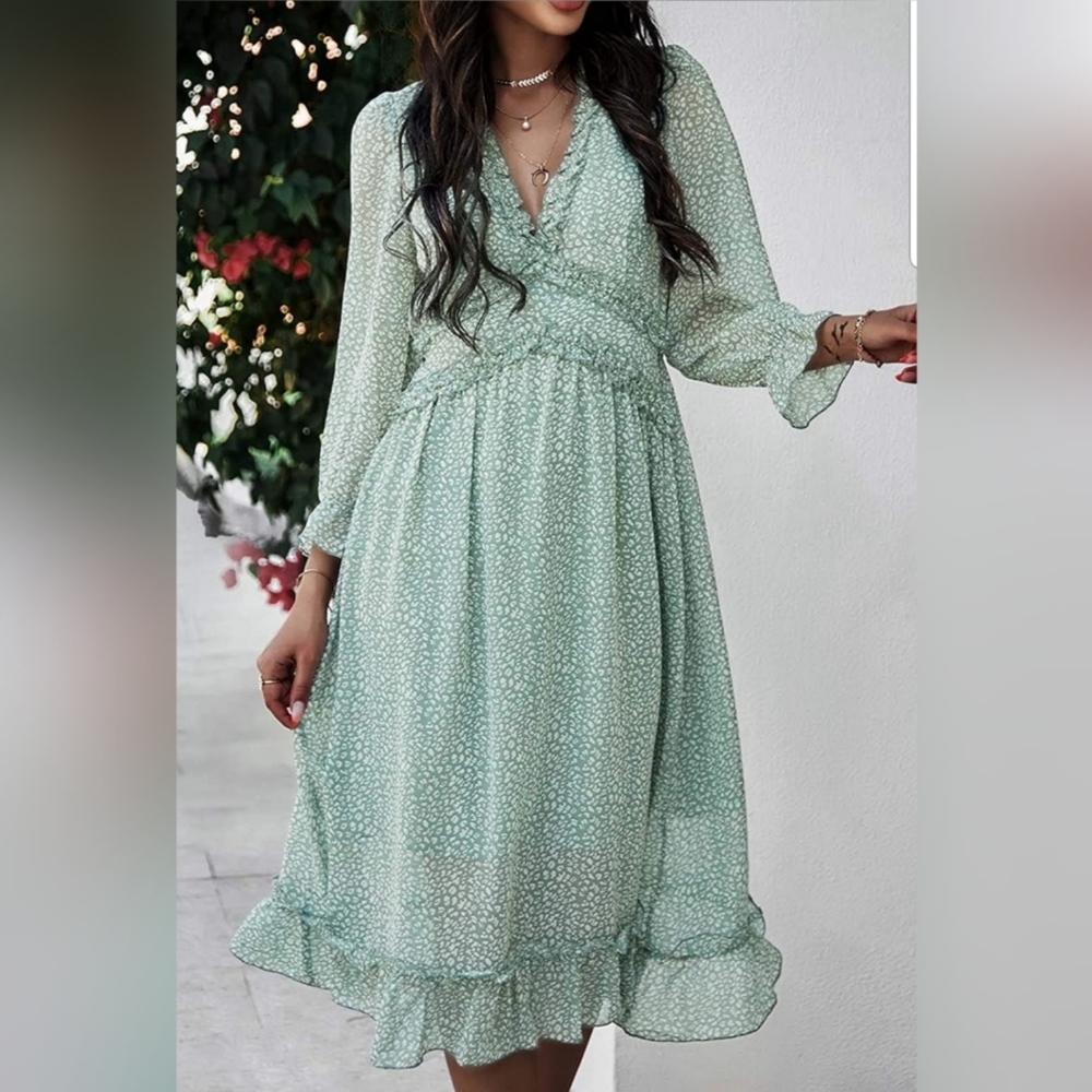 🌞V Neck Floral Boho Midi 🌞Dress Flowy Flounce L - Picture 3 of 4